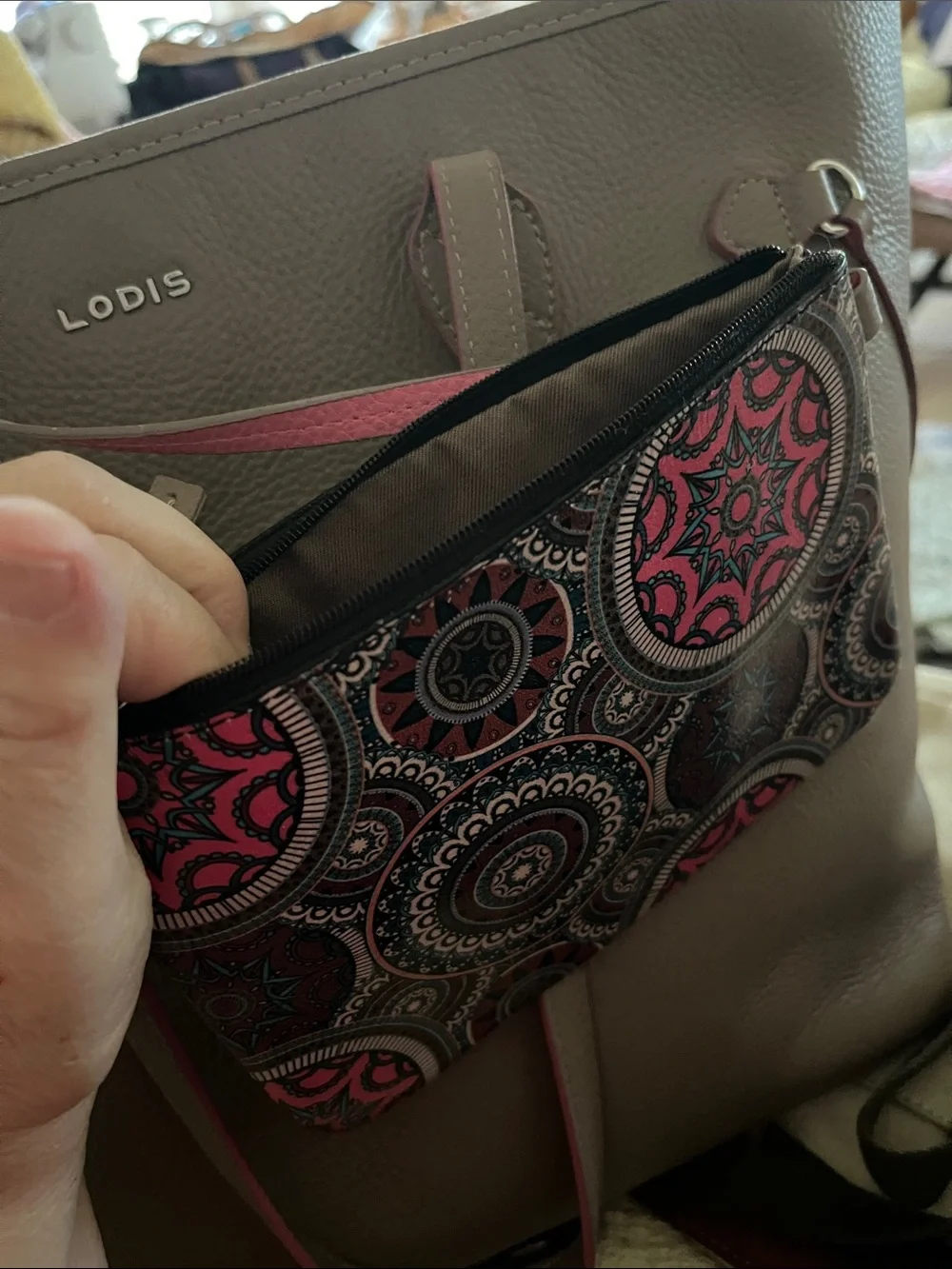 LODIS Bliss Taupe/Tan/Brown Pebbled Leather Tote, Pink Trim, approx 17”wx12”h